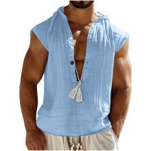 Breathable Linen Blend Sleeveless Hooded Vest For-Sky Blue XL