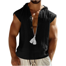 Breathable Linen Blend Sleeveless Hooded Vest For Men-Black S