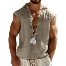 Breathable Linen Blend Sleeveless Hooded Vest For Men-Khaki S