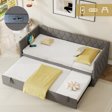 (3ft, Linen, Grey) Upholstered Daybed, Sofa Bed with USB and Type - C Ports, Pull out Trundle Bed for Living Room/ Bedroom/ Study Room