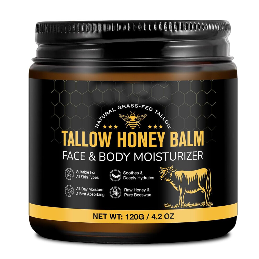 Beef Tallow Balm with Honey, Grass Fed Natural Face and Body Moisturizer for Deep Hydration