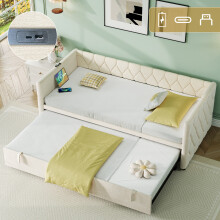 (3ft, Linen, Beige) Upholstered Daybed, Sofa Bed with USB and Type - C Ports, Pull out Trundle Bed for Living Room/ Bedroom/ Study Room