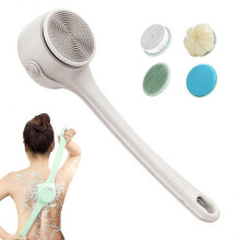 (Beige)Electric Back Scrubber for Shower, Long Dual Handle Body Scrubber Spinning Massage Bath Brush,4 Detachable Heads