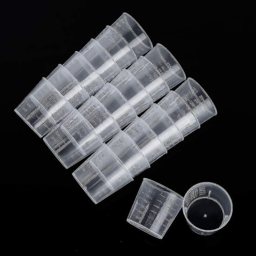 Conjunto de 100 copos medidores pequenos de 30 ml com escala, compatíveis com uso experimental.