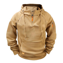 Men's Vintage Quarter Zip Hoodie with Multi Pockets, Brown Long Sleeve Work Jumper XL