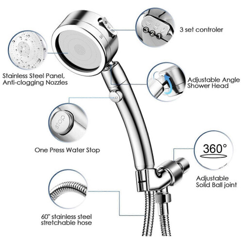 Handheld Shower Head with Pause Switch and 3 Spray Settings 2