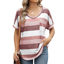 Women's rolled-up short-sleeved V-neck shirt, casual-Fuchsia M
