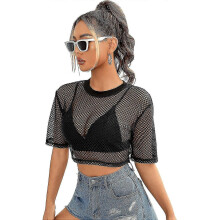 (XL)Women's Sexy Fishnet Sheer Long Sleeve Blouse See Through Mesh Crop Top S-3xl - Ya