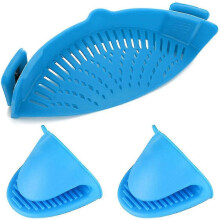 (Blue) Silicone Strainer Clip Design With Another 2 Silicone Gloves - RiRi