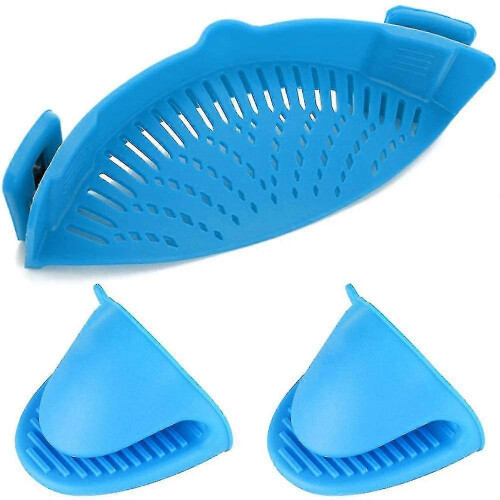(Blue) Silicone Strainer Clip Design With Another 2 Silicone Gloves - RiRi