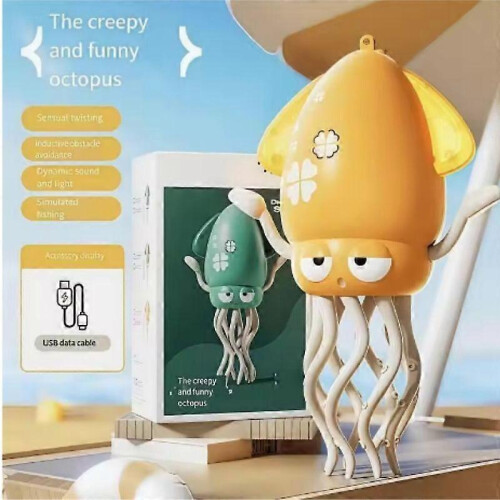 (Yellow)Electric Automatic Obstacle Avoidance Octopus, Interactive Auto-Dance Octopus  Crawling Octopus Toy with LED Lights & Music 1