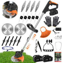 Cordless Strimmer, 24V Electric Grass Trimmers with 6x Metal Blades & 10x Plastic Blades, Telescopic Garden Strimmer with 2X 4000mAh Batteries,