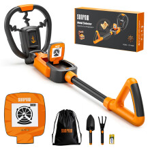 SUNPOW Kids Metal Detector with Treasure Animation & Waterproof Coil - Adjustable Stem (60-70cm) - Kit Includes Shovel, Rake, Bag for Boys & Girls