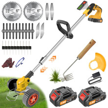 FEZMOS Cordless Strimmer with Metal Blades, 21V Garden Strimmer Cordless with 2 * 2.0Ah Battery and charger, Telescopic Electric Grass Trimmer 90?
