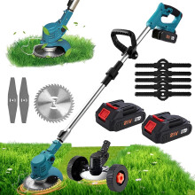 21V Cordless Strimmer, Grass Trimmer with 18,000RPM and 750W Motor, Foldable, Low-noise, Garden Strimmer Cordless with 2 Batteries, 3 Types of Blades