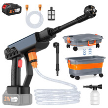 Cordless Pressure Washer, 30Bar Portable Pressure Washer with 1 x 3.0Ah Battery, 22L Foldable Bucket with Wheels, 6 in 1 Nozzle, Battery Jet Washer
