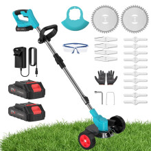 Cordless Grass Strimmer, 21V Strimmer Cordless with 2 X 2000mAh Battery and Charger, 3 Types 16 Blades, Garden Trimmer Telescopic Lightweight with