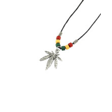 Zac's Alter Ego Pot Leaf Pendant on Wax Cord Necklace with Rasta Beads