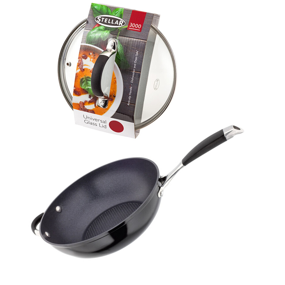 Stellar 3000 28Cm Non Stick Stir Fry Pan - Wok With Glass Lid (Black) Black