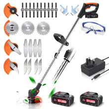Wrneaoch 21V Metal Blade Strimmer Cordless Grass Trimmer, Cordless Strimmer with 2Pcs 2.0Ah Battery and Fast Charger,10x Nylon Blades, 4x Metal