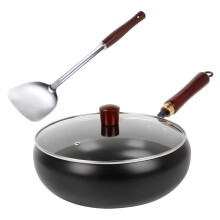 Ruaizel Hand Forged Big Belly Pot Iron Pan, Uncoated Iron Pan, Handmade Cast Iron Wok with Glass Lid for High Temperature Frying, Stewing, Boiling