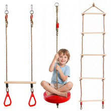 The Magic Toy Shop 3-in-1 Button Swing Set, Rope Ladder & Wood Trapeze Bar for Kids Play Equipment