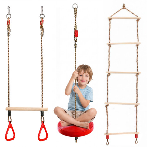 The Magic Toy Shop 3-in-1 Button Swing Set, Rope Ladder & Wood Trapeze Bar for Kids Play Equipment