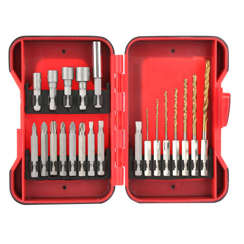 21-piece Professional Hex Shank Screwdriver and Drill Bit Set with Red Plastic Box