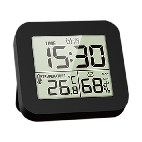 LCD-digitale display, hygrometer, temperatuurmeter, multifunctionele klok met timer, oplaadbare timer en twee alarmen.