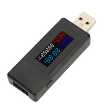 6-in-1 USB-tester met stroom-, spannings-, timing-, vermogens- en capaciteitsdetector, batterijniveaudetector en kleurenscherm.