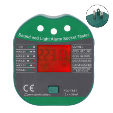 Stopcontacttester, stopcontact met geluid- en lichtalarm, spanningsmeter, detector