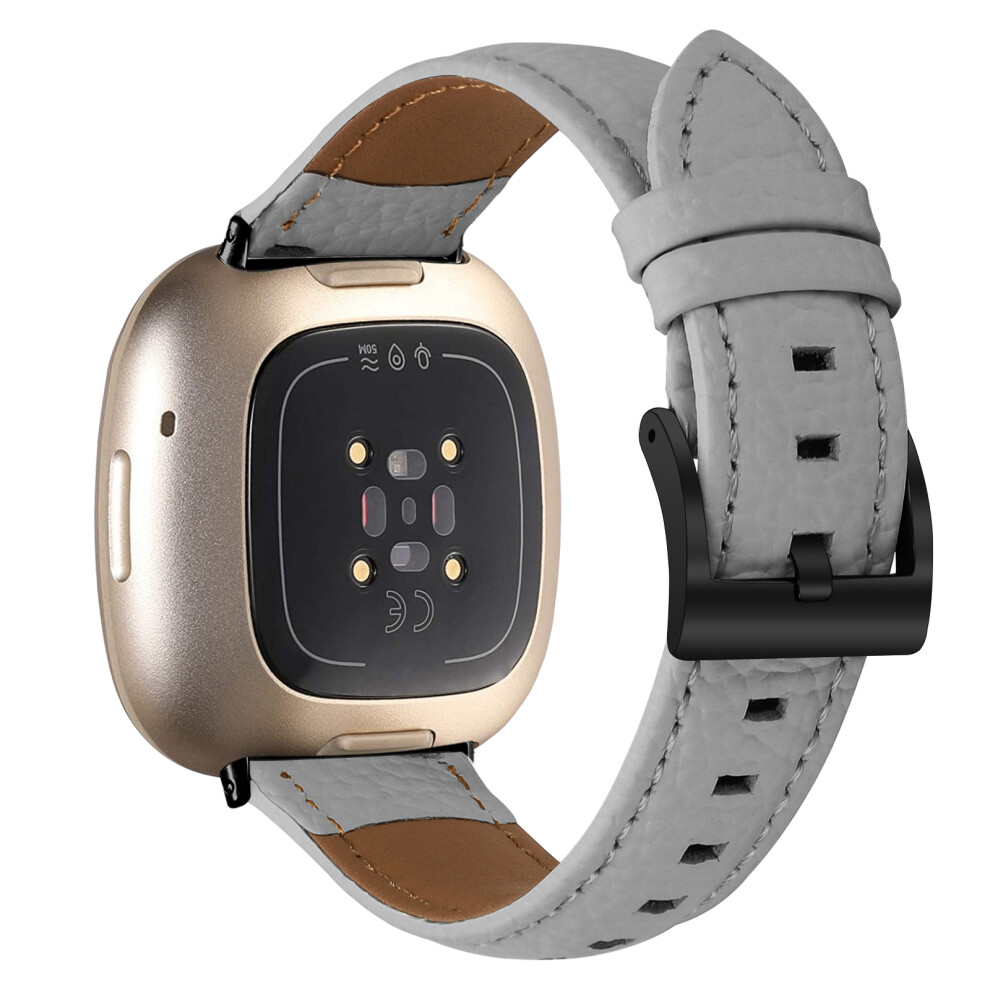 (Grey Black) Litchi Textured Genuine Cow Leather Strap With Electroplated Buckle For Fitbit Versa 4 / Sense 2 P Black,Grey 6914294868540