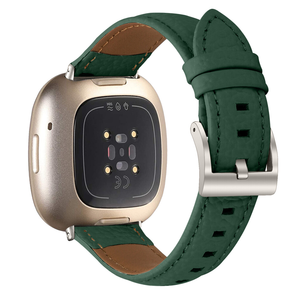 ( Starlight) Litchi Textured Genuine Cow Leather Strap With Electroplated Buckle For Fitbit Versa 4 / Sense 2 P Green 6914295828314