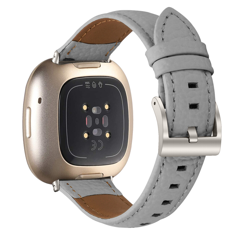 ( Starlight) Litchi Textured Genuine Cow Leather Strap With Electroplated Buckle For Fitbit Versa 4 / Sense 2 P Grey 6914292374593
