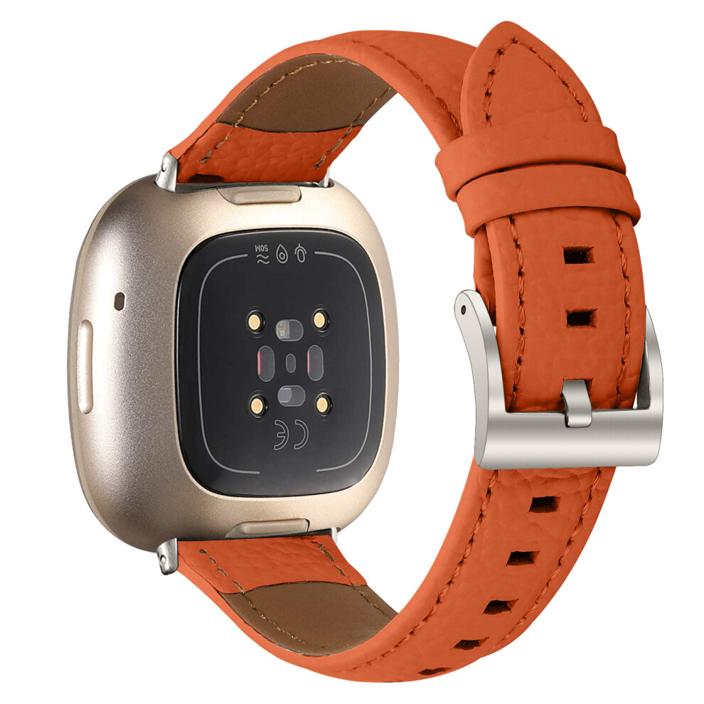 ( Starlight) Litchi Textured Genuine Cow Leather Strap With Electroplated Buckle For Fitbit Versa 3 / Sense Point Orange 6914299626671