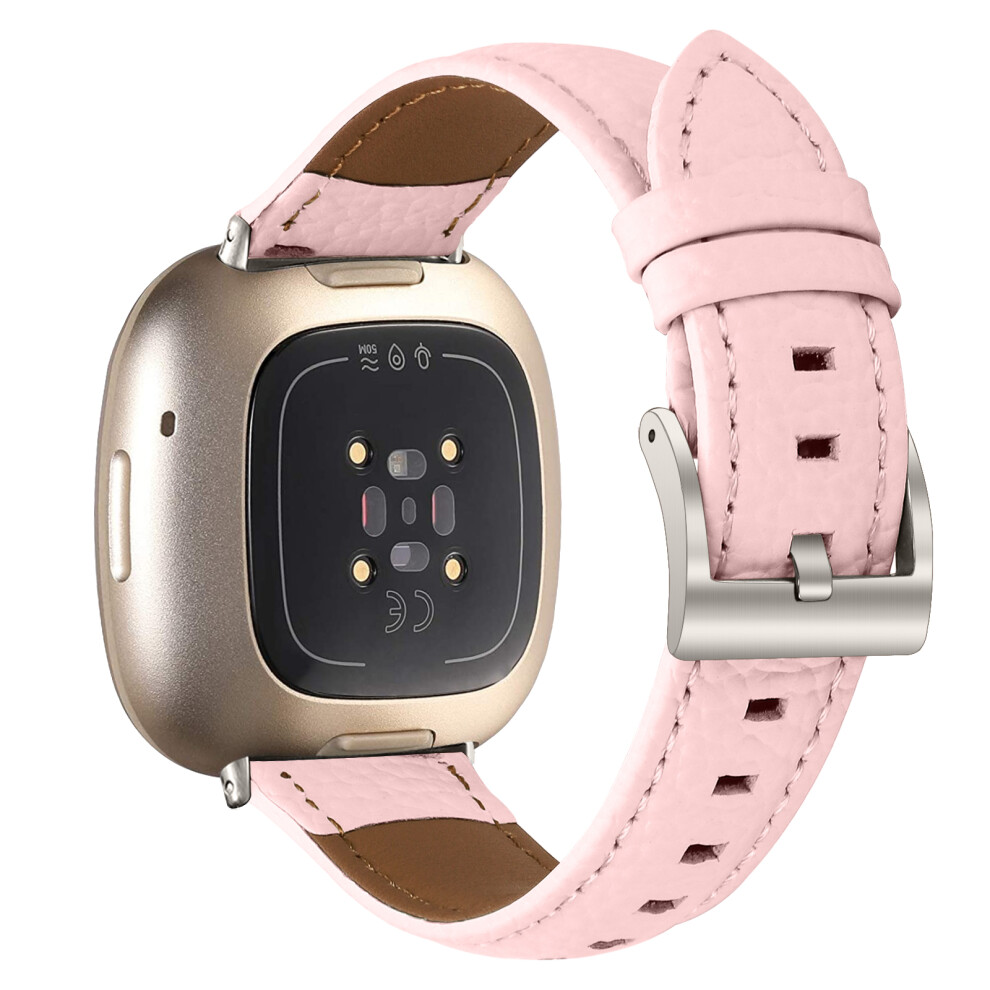 ( Starlight) Litchi Textured Genuine Cow Leather Strap With Electroplated Buckle For Fitbit Versa 3 / Sense Point Pink 6914294375017