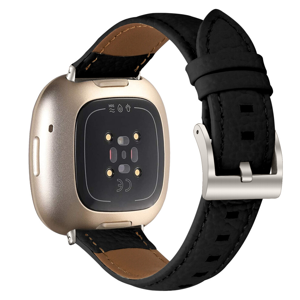 ( Starlight) Litchi Textured Genuine Cow Leather Strap With Electroplated Buckle For Fitbit Versa 3 / Sense Point Black 6914296311303