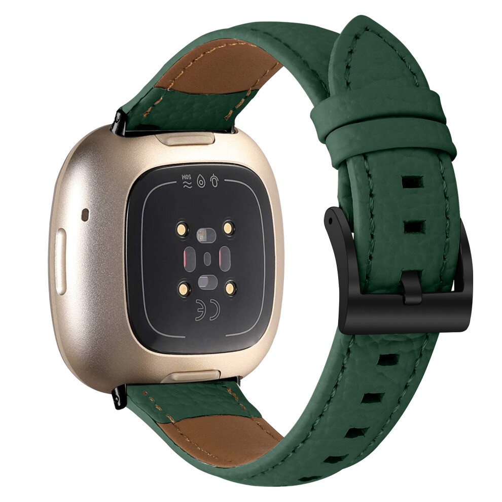 (Green Black) Litchi Textured Genuine Cow Leather Strap With Electroplated Buckle For Fitbit Versa 3 / Sense Point Green,Black 6914299228745