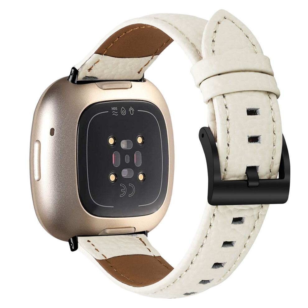 (Apricot ) Litchi Textured Genuine Cow Leather Strap With Electroplated Buckle For Fitbit Versa 3 / Sense Point Black 6914290215003