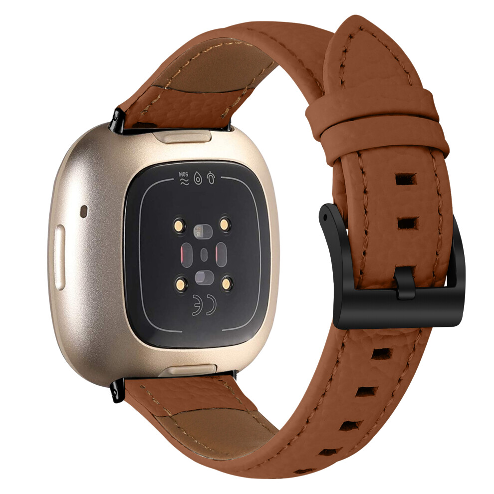 (Brown ) Litchi Textured Genuine Cow Leather Strap With Electroplated Buckle For Fitbit Versa 3 / Sense Point Black 6914293803054