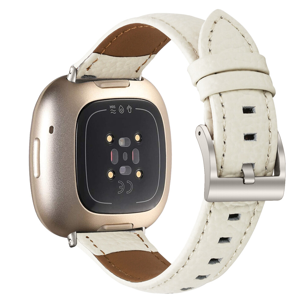 (Apricot Starlight) Litchi Textured Genuine Cow Leather Strap With Electroplated Buckle For Fitbit Versa 3 / Sense Point 6914296175721