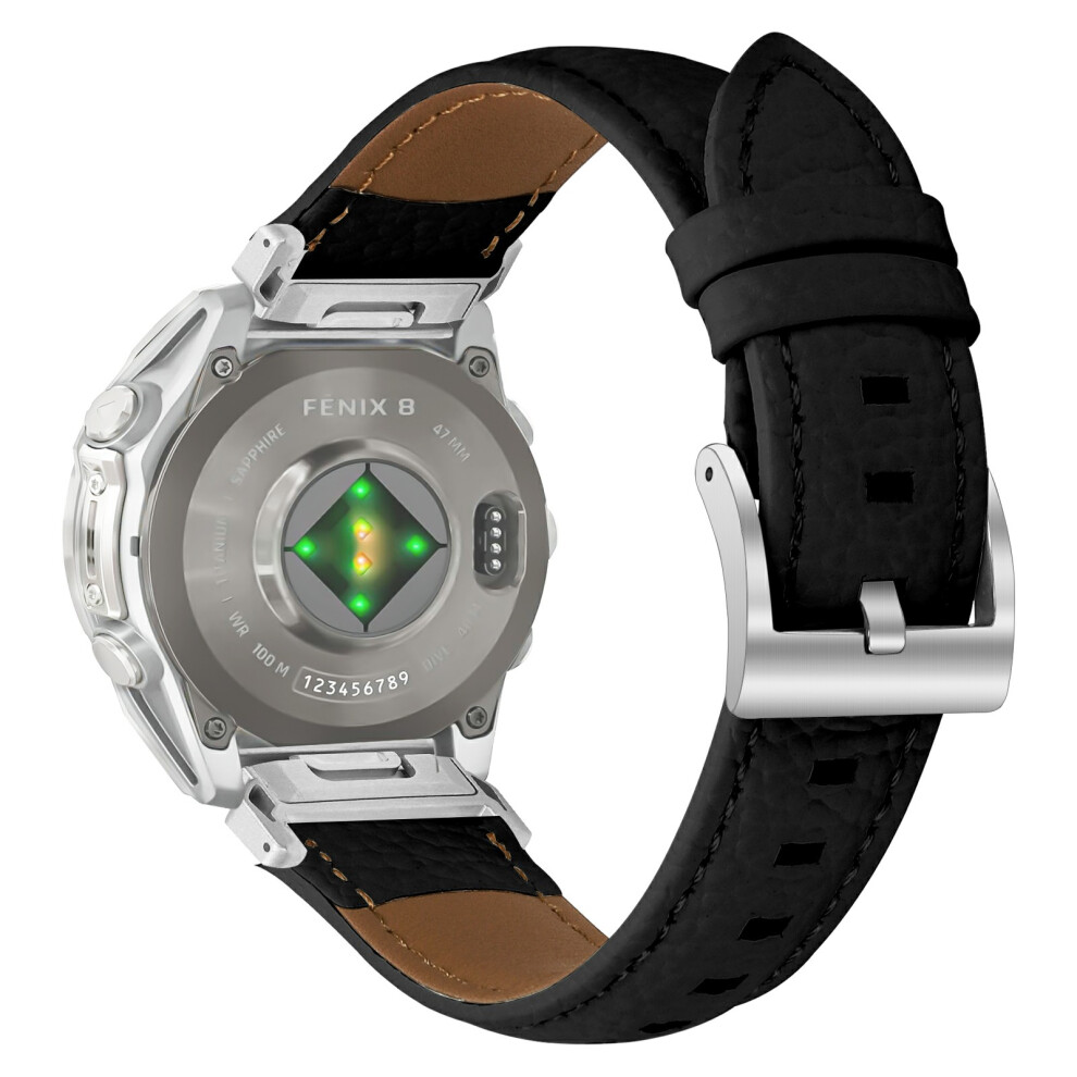 (Black) Litchi Texture Genuine Cow Leather Strap For Garmin Fenix 8 47Mm / Tactix 8 47Mm / Quatix 8 47Mm Poi Black 6914293348432
