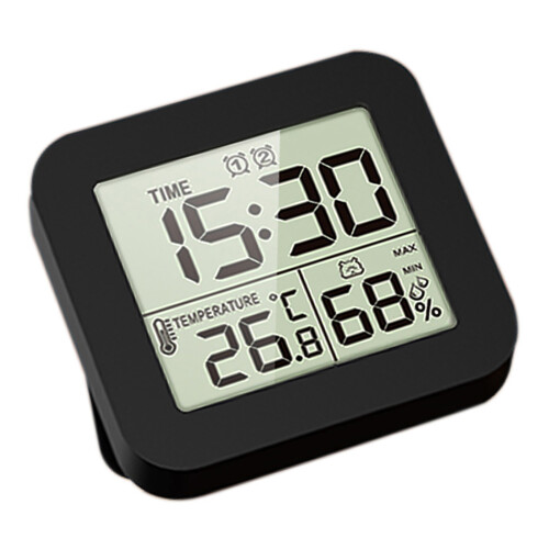 LCD-digitale display, hygrometer, temperatuurmeter, multifunctionele klok met timer, oplaadbare timer en twee alarmen. 1