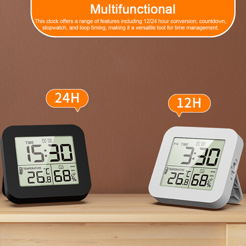 LCD-digitale display, hygrometer, temperatuurmeter, multifunctionele klok met timer, oplaadbare timer en twee alarmen. 2