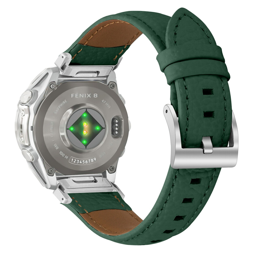 (Green) Litchi Texture Genuine Cow Leather Strap For Garmin Fenix 8 47Mm / Tactix 8 47Mm / Quatix 8 47Mm Pointed-End Watch Band Green 6914292367373