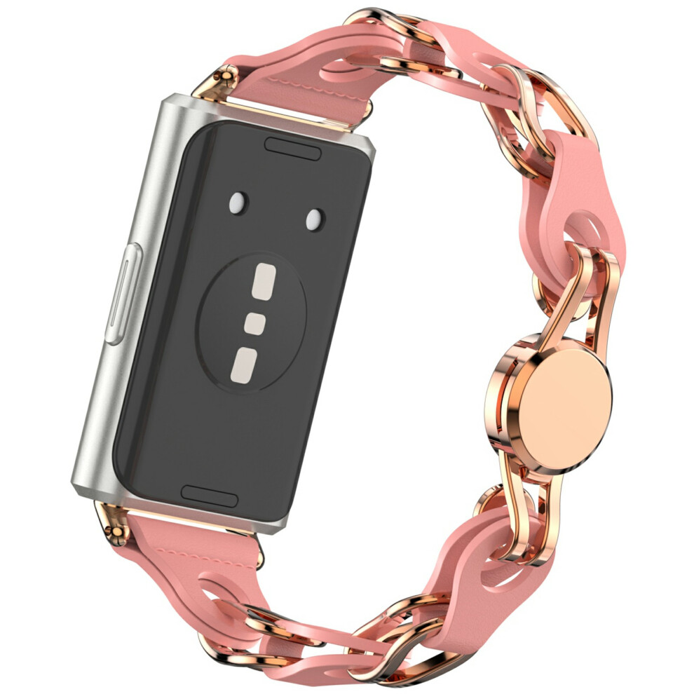 (Peach ) Hollow Out Watch Strap For Huawei Band 11 Pro Nfc / 11 Nfc / 11 Pro / 11 Metal + Leather Chain Band Red 6914290690541