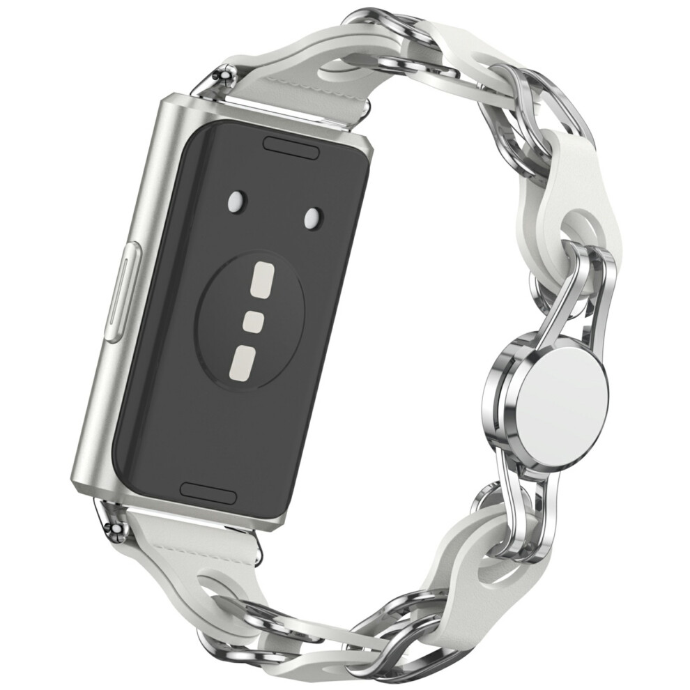 (White) Hollow Out Watch Strap For Huawei Band 11 Pro Nfc / 11 Nfc / 11 Pro / 11 Metal + Leather Chain Band White 6914294575677