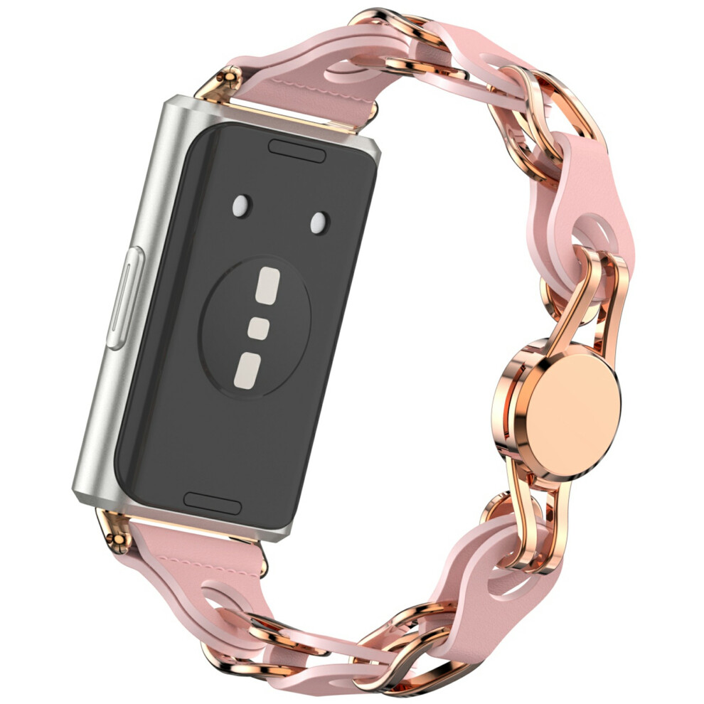 (Pink) Hollow Out Watch Strap For Huawei Band 11 Pro Nfc / 11 Nfc / 11 Pro / 11 Metal + Leather Chain Band Replacement Pink 6914293394767