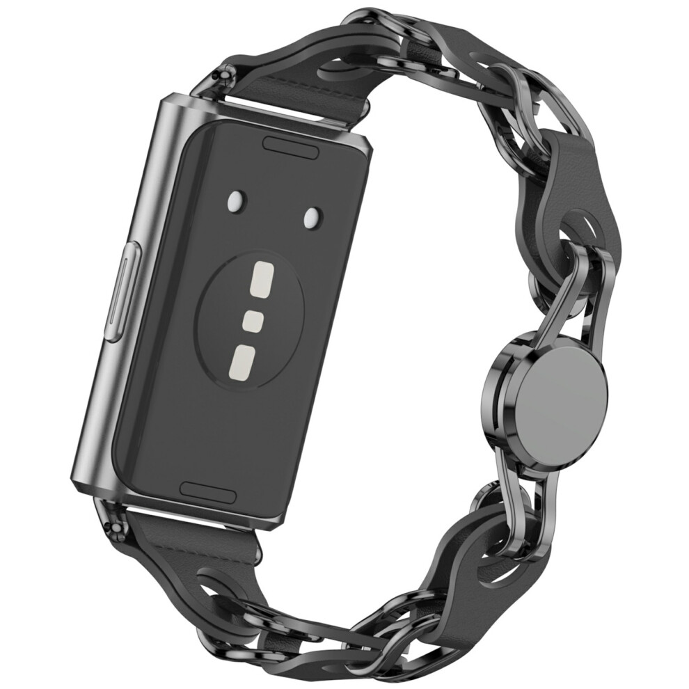 (Black) Hollow Out Watch Strap For Huawei Band 11 Pro Nfc / 11 Nfc / 11 Pro / 11 Metal + Leather Chain Band Black 6914290987627