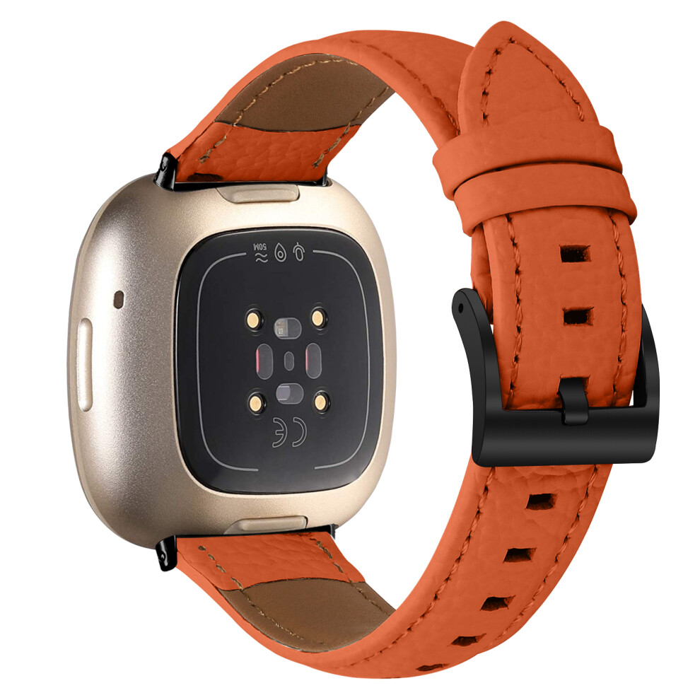 (Orange Black) Litchi Textured Genuine Cow Leather Strap With Electroplated Buckle For Fitbit Versa 4 / Sense 2 P Orange,Black 6914291294793